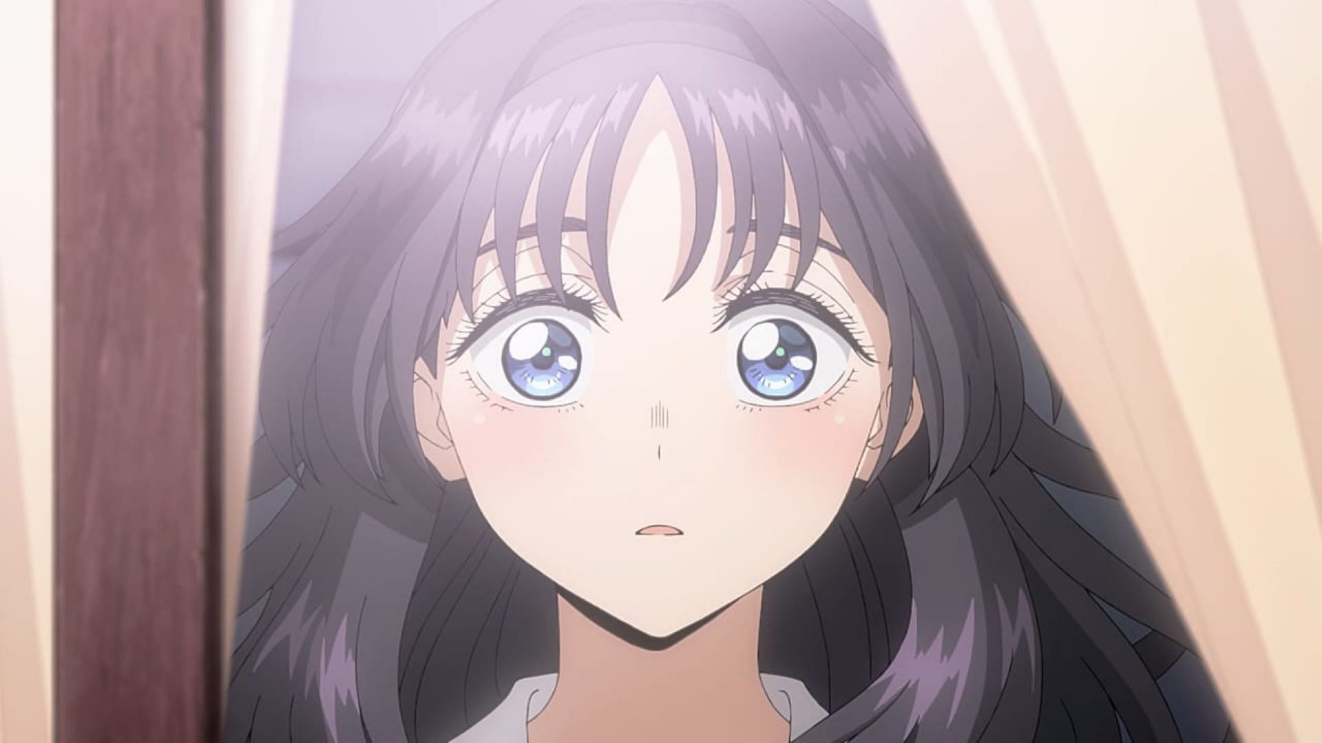 Rintaro sees Kaoruko behind the curtains of Kikyo High (Image via CloverWorks)